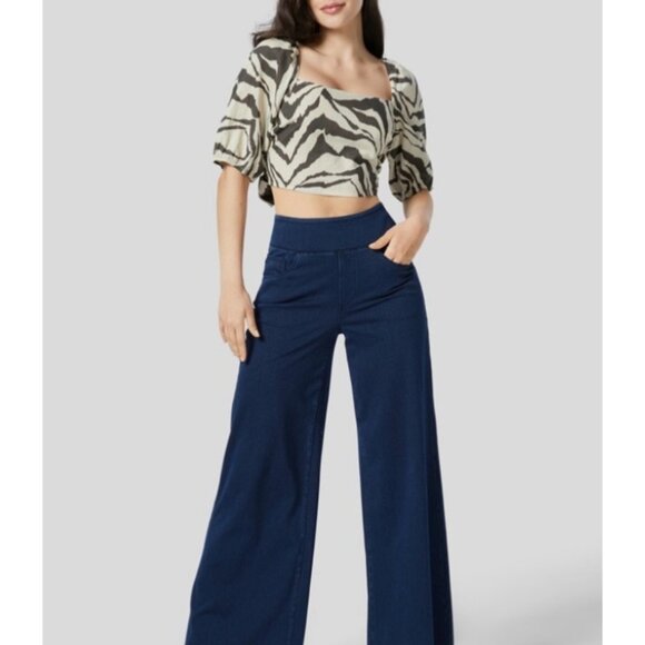 Halara Square Neck Puff Sleeve Backless Zebra Stripe Print Crop Top Sz Small Lin - Picture 14 of 14